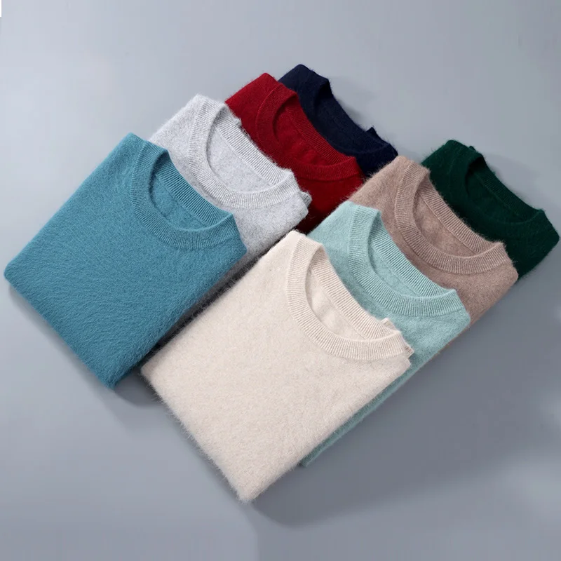 

100% Mink Cashmere Sweater Men's O-neck Long Sleeve Pullover Casual Fashion Tops Knit Loose Patchwork Men's Jacket Autumn Winter