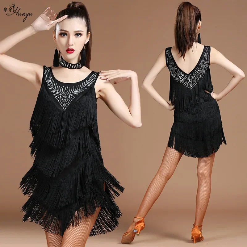 female rhinestone v-neck tassel latin dress woman latin dancing dress