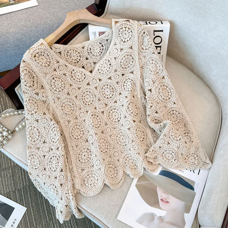 Cardigan tricoté en dentelle au Crochet pour femme, haut à manches longues, col en V, printemps et été