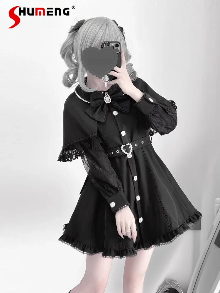

Original Mine Series Mass-produced Black Lo Dress Girls Women's Spring New Sweet Bow Pearl Collar Lace Sleeve Lolita Dresses