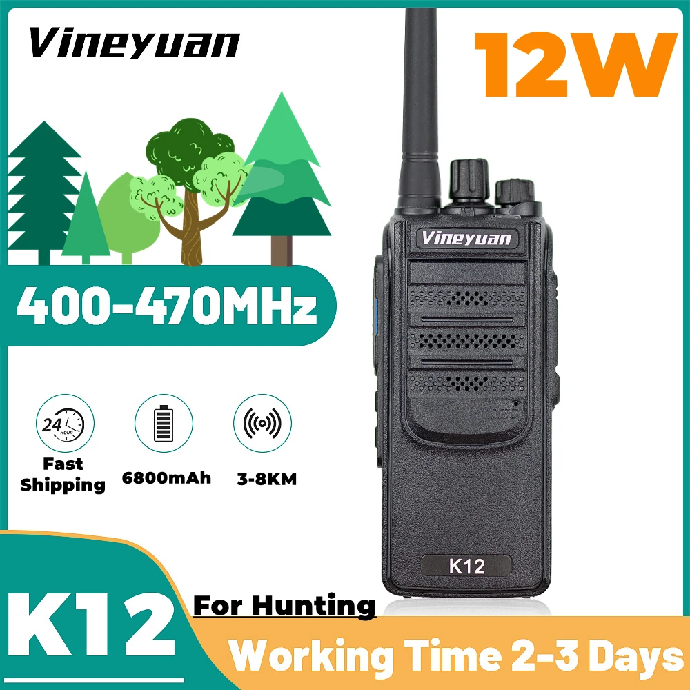 Top Band Vineyuan  K12 High Power 12W  6800 mAh Long Range Walkie Talkie UHF 400-470Mhz Two Way Radio Handheld FM  For Hunting