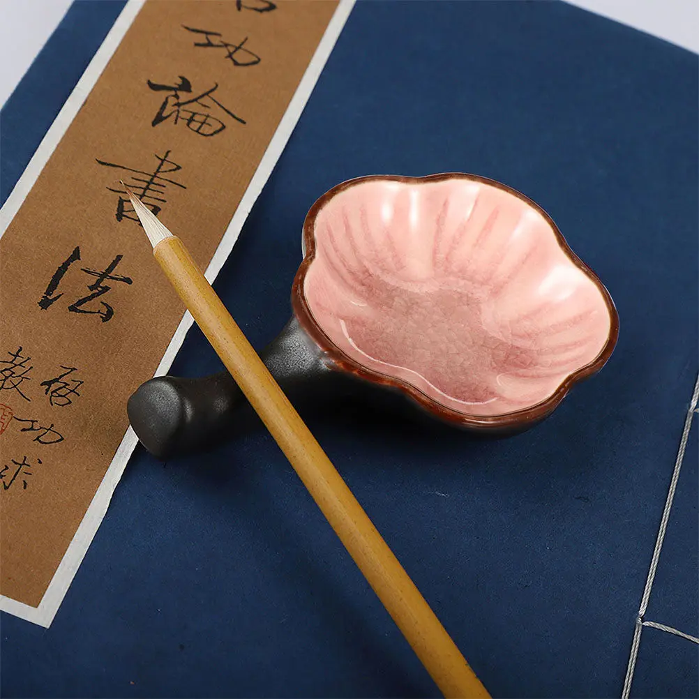 2pcs Ceramic Pen Shelf & Ink Dish for Calligraphy – Floral Design Brush Holder with Glossy Smooth Surface