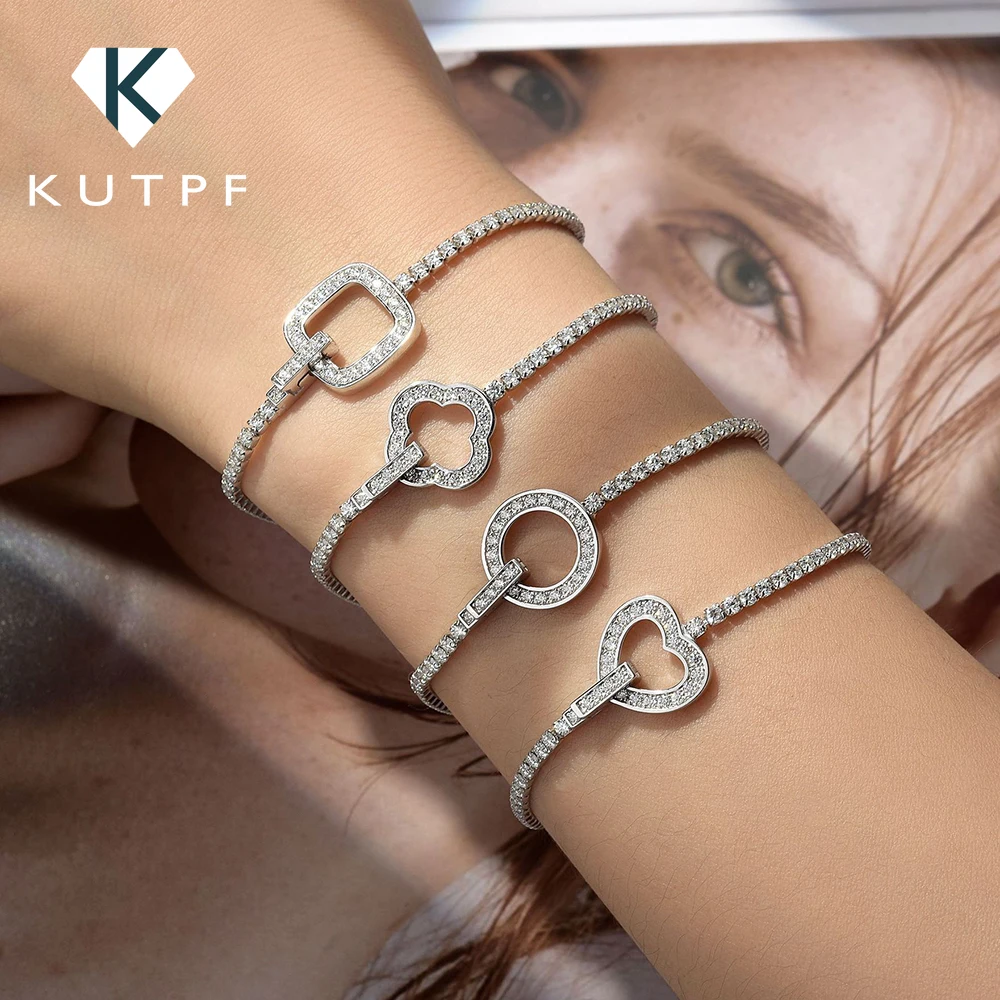 

2mm Full Moissanite Diamond Tennis Bracelets with Heart/Round Lock 100% 925 Sterling Silver Bracelets Fine Jewelry for Women