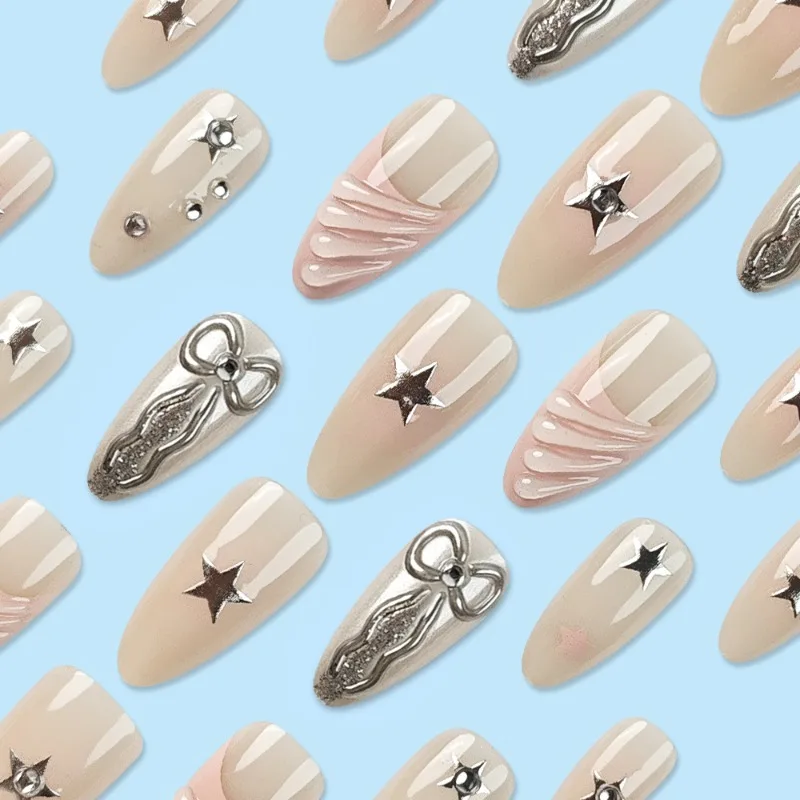 24 قطعة من الأظافر الصناعية مع حواف مسحوقة على شكل نجمة جل بالتنقيط مسحوق مرآة ثلاثية الأبعاد وتصميم القوس أطراف أظافر مناسبة للفتيات