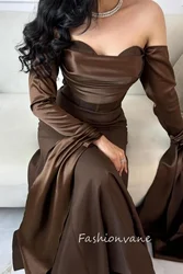 Fashionvane 2024 Customized iSheath Off Shoulder Long Sleeves Pleated Floor Length Elegant Saudi Formal Prom Dress Luxury Gown