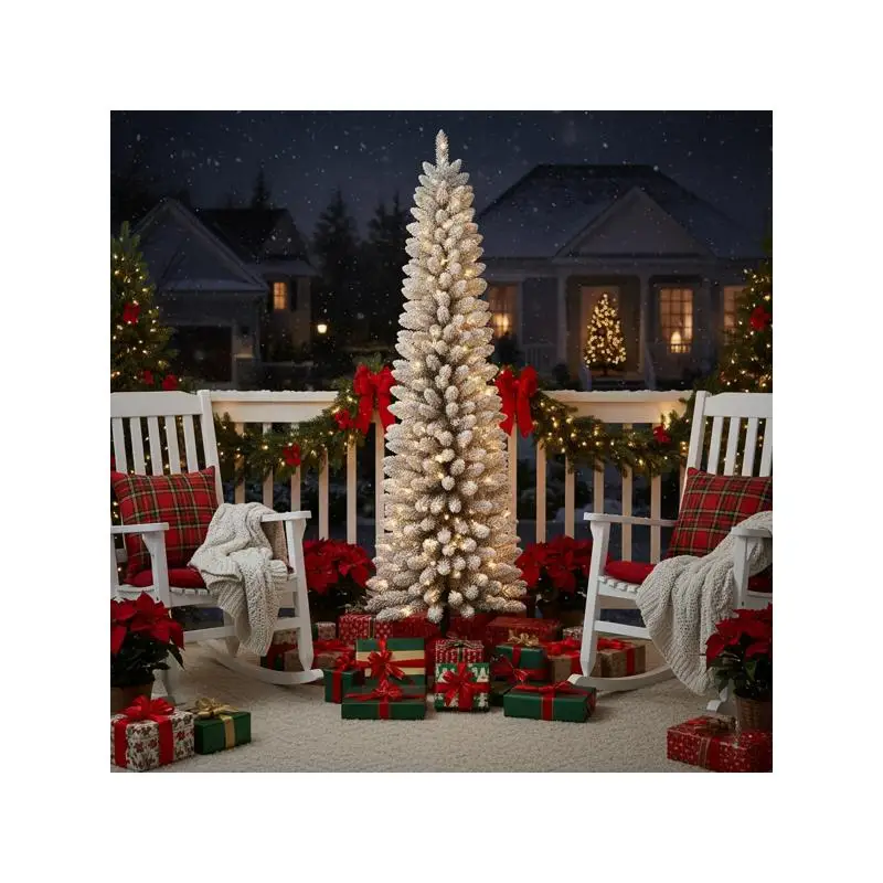 Флокированная тонкая рождественская елка-карандаш длиной 5 футов с 100 теплыми белыми светодиодами, 263 наконечниками, простая сборка, компактный дизайн, идеально подходит для