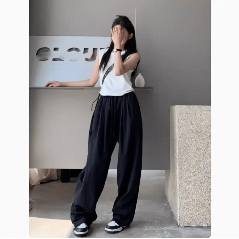 Quick-Drng Sports Ice Silk Wide-Leg Pants Women Summer Thin 2024 New Loose Straight Casual Cool Sun-Proof Trousers y2k ins emo