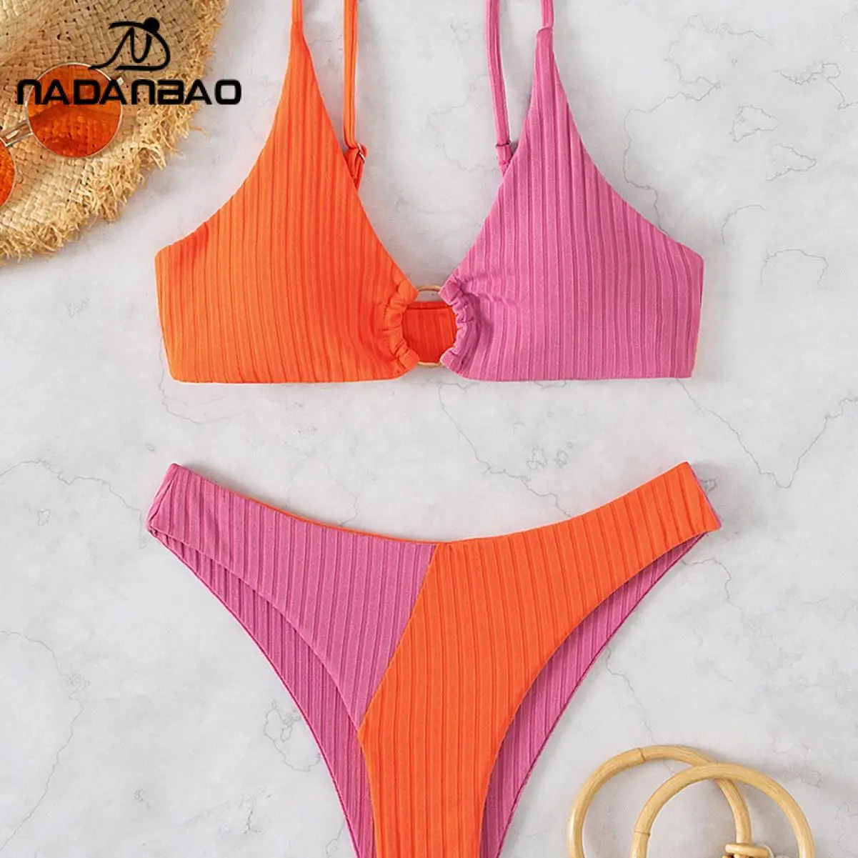 Nadanbao Sexy Color Match Bikini Women Swimwear Summer Hollow Out Beach Swimsuit Female Beach Party Backless Bathing Suit