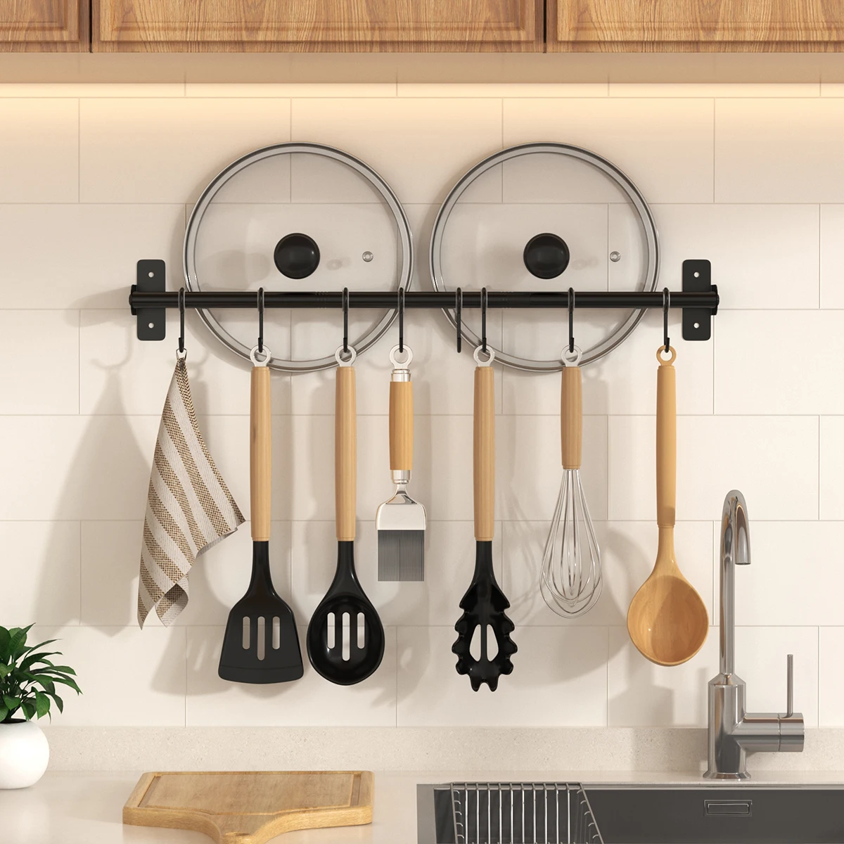 Wall mounted kitchen hook rack with no drilling, kitchen utensil rack with sliding hook, spoon shovel, pot cover storage rack