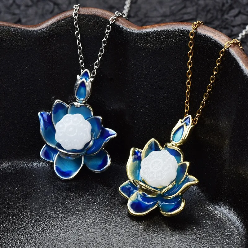 

Blue lotus pendant, lotus pod necklace, enamel jade pendant, retro titanium steel collarbone chain for women