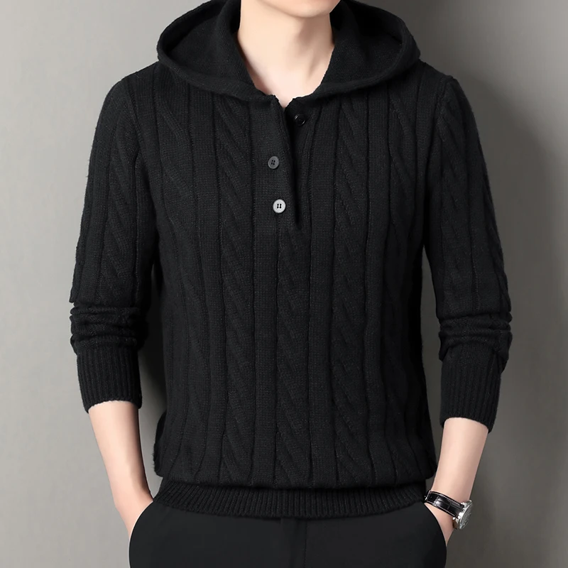 Autumn Winter Fleece Knit Hoodies Men Think Hooded Hoodie Male Solid Warm Sports Knitted Sweatshirts Loose Hooded Pullovers Man
