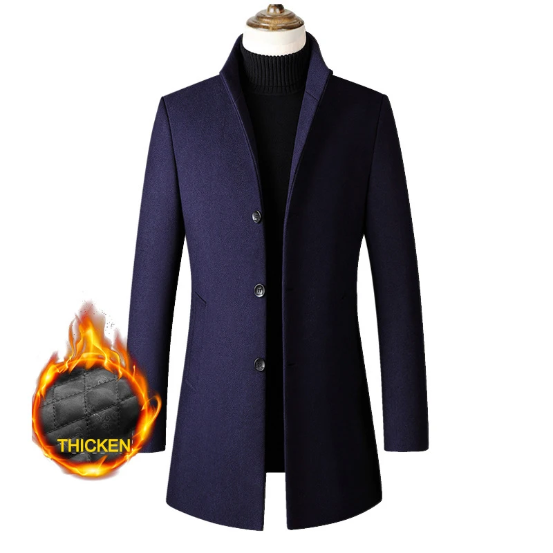 Winter Jacket Men Wool Coat Oversized Solid Stand Collar Thicken Business Casual Overcoat Men\'s Clothing Woolen Pea Coat