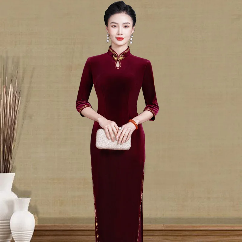 

Spring Autumn Long Velvet Qipao Dr Ele Simple Sle with Long Sves for Wedding Banquet Suitable for plus Size Women