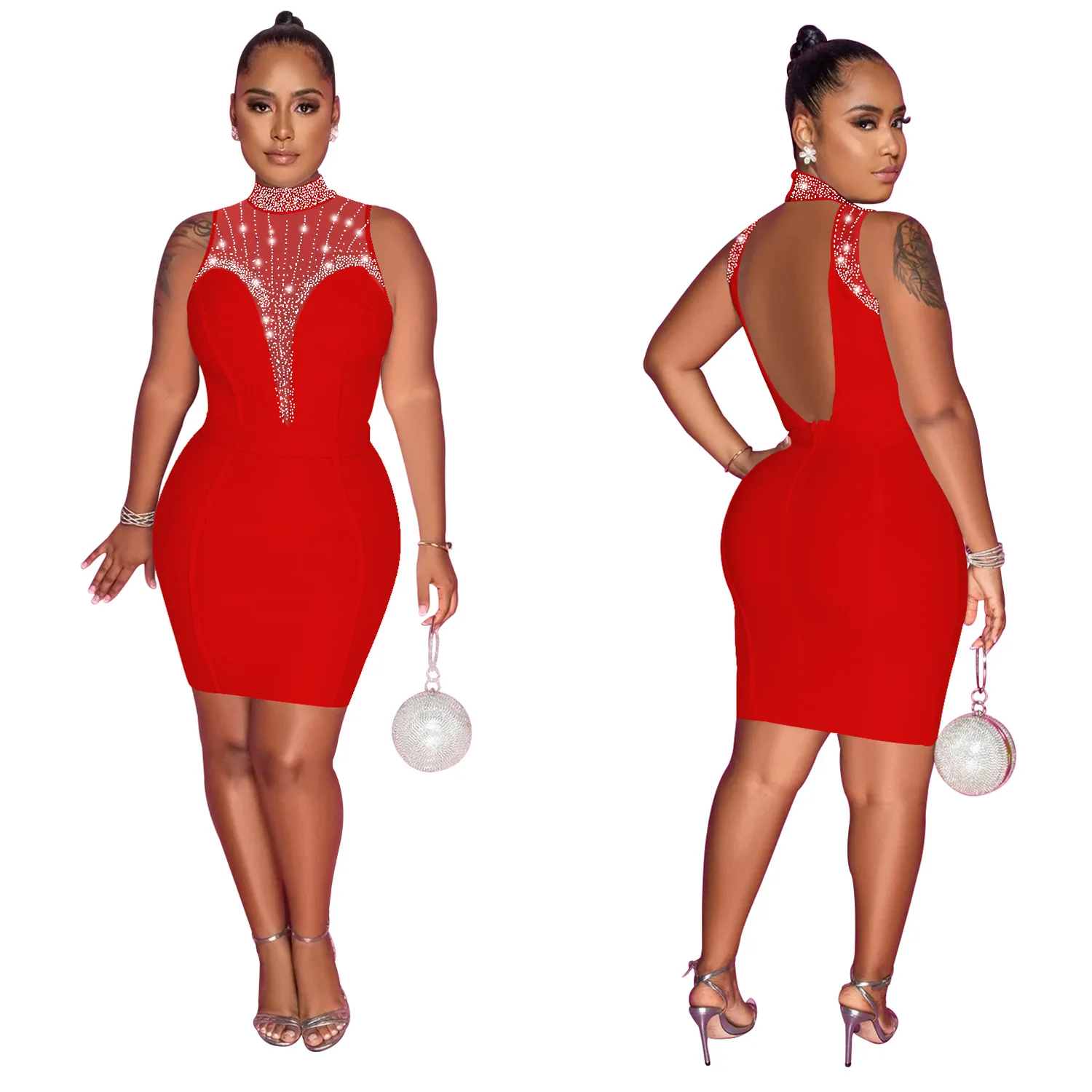 

Sexy Nightclub Party Prom Club Solid Color Hot Rhinestone Mesh See Through Sleeveless Dresses