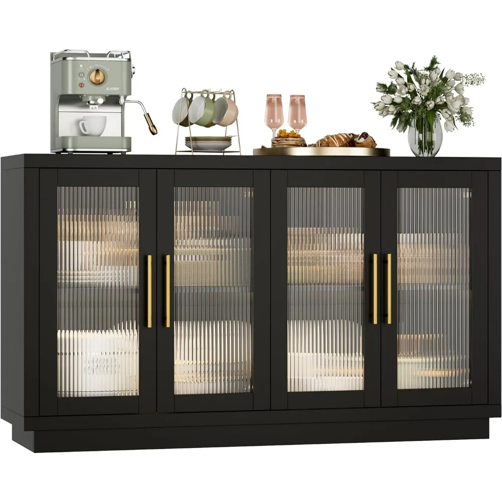 Buffetkast Met Opslag, 55.1 "Grote Buffetkast Dressoir, Moderne Keukenkast Met 4 Gecanneleerd Glas