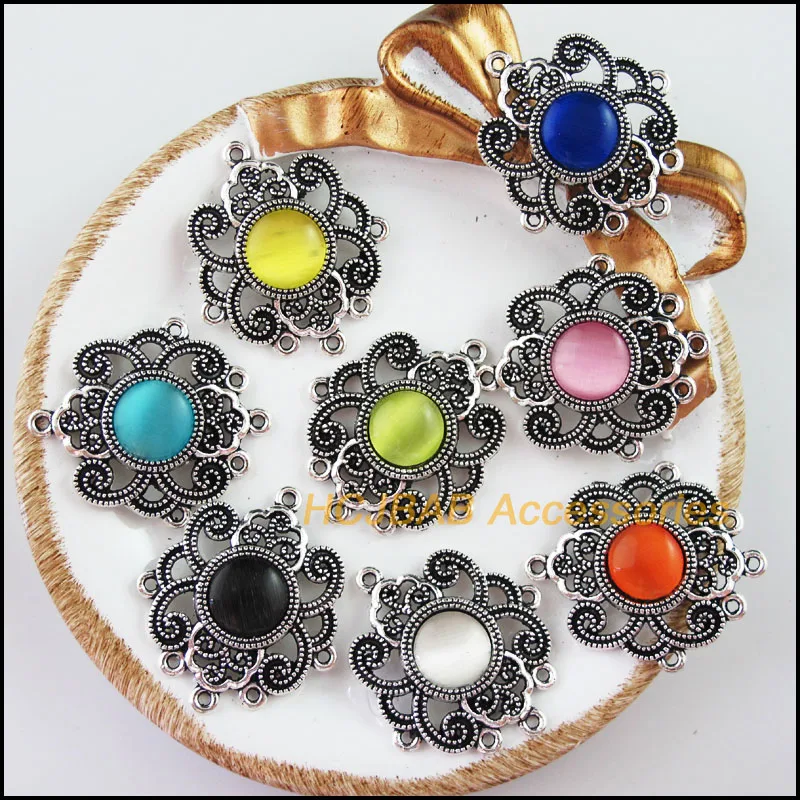 8Pcs Tibetan Silver Tone Retro Flower Mixed Stone Charms Connectors 27.5x31.5mm