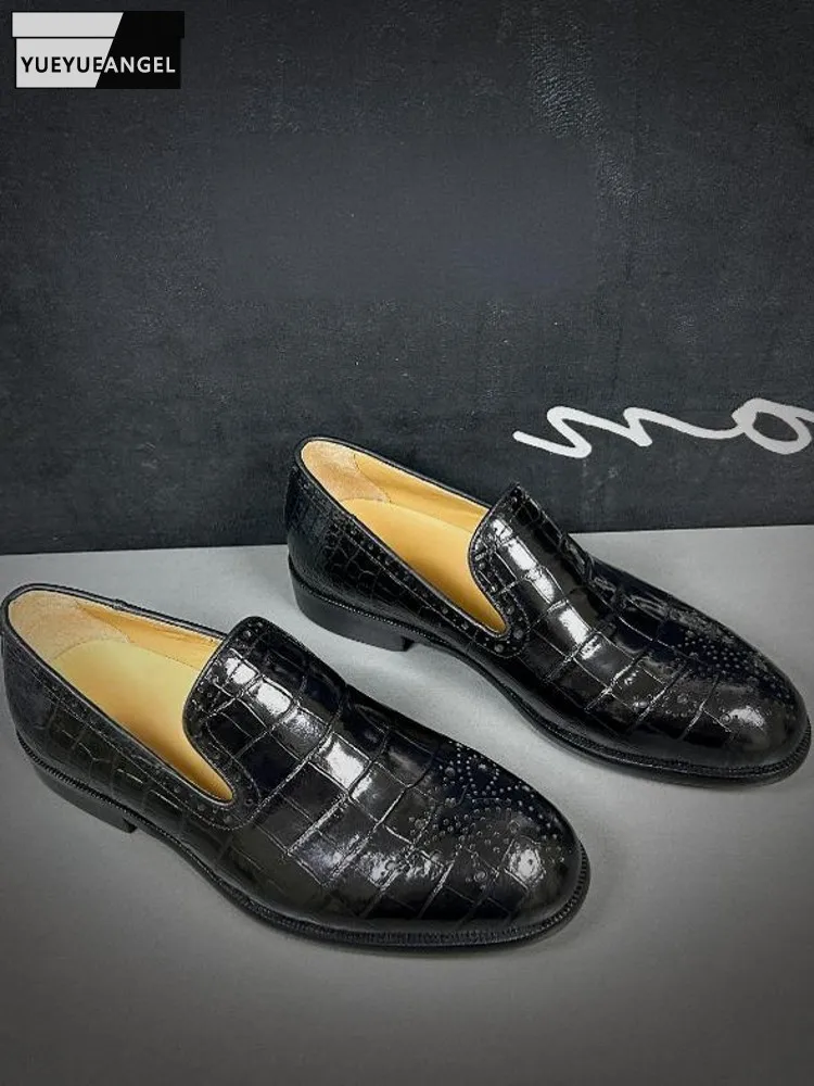 

New Designer Male Fashion Slip On Crocodile Grain Genuine Leather Comfortable Dress Shoes Pointed Toe Wear Resistant Casual Male