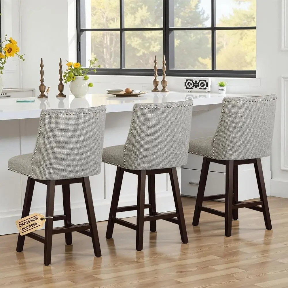 

Набор из 3-х светло-серых льняных поворотных барных стульев со спинкой, удобных на 360° ° Вращение, простая сборка