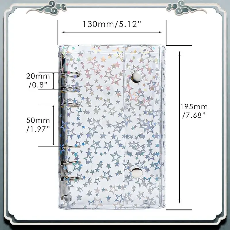 ABIJ-5X A6 Budget Binder Cover Clear PVC 6 Ring Binder Glitter Star Refillable Notebook Shell Protector With 2 Snaps