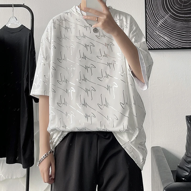  Ice Silk Men's T-irt with Gold Foil Design Oversized ort Sve round Ne Seven-Foot Sve Faionable Casual...