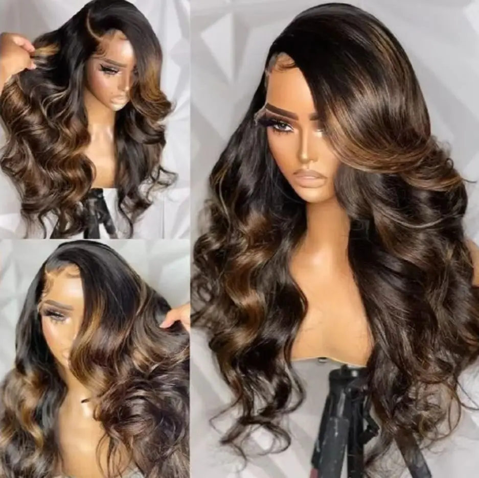 

Dark Brown Body Wave Free Part Wig Mix Blonde Highlight Natural Synthetic Lace Front Wig Soft Hairline High Quality Soft Wig