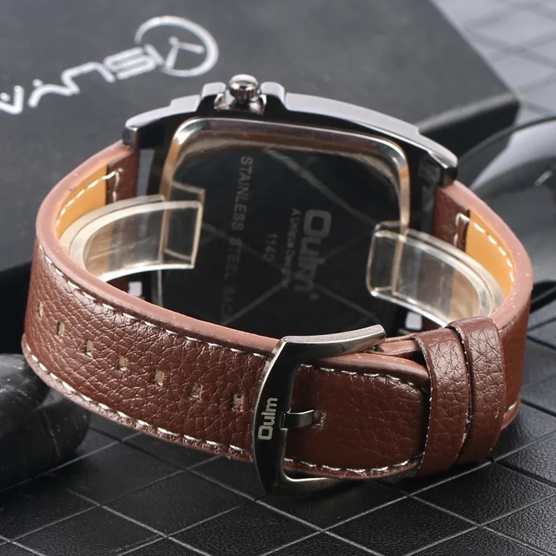 Cool OULM Watch Men Military Sport Quartz Watches Dual Time Zone Brown Leather Strap