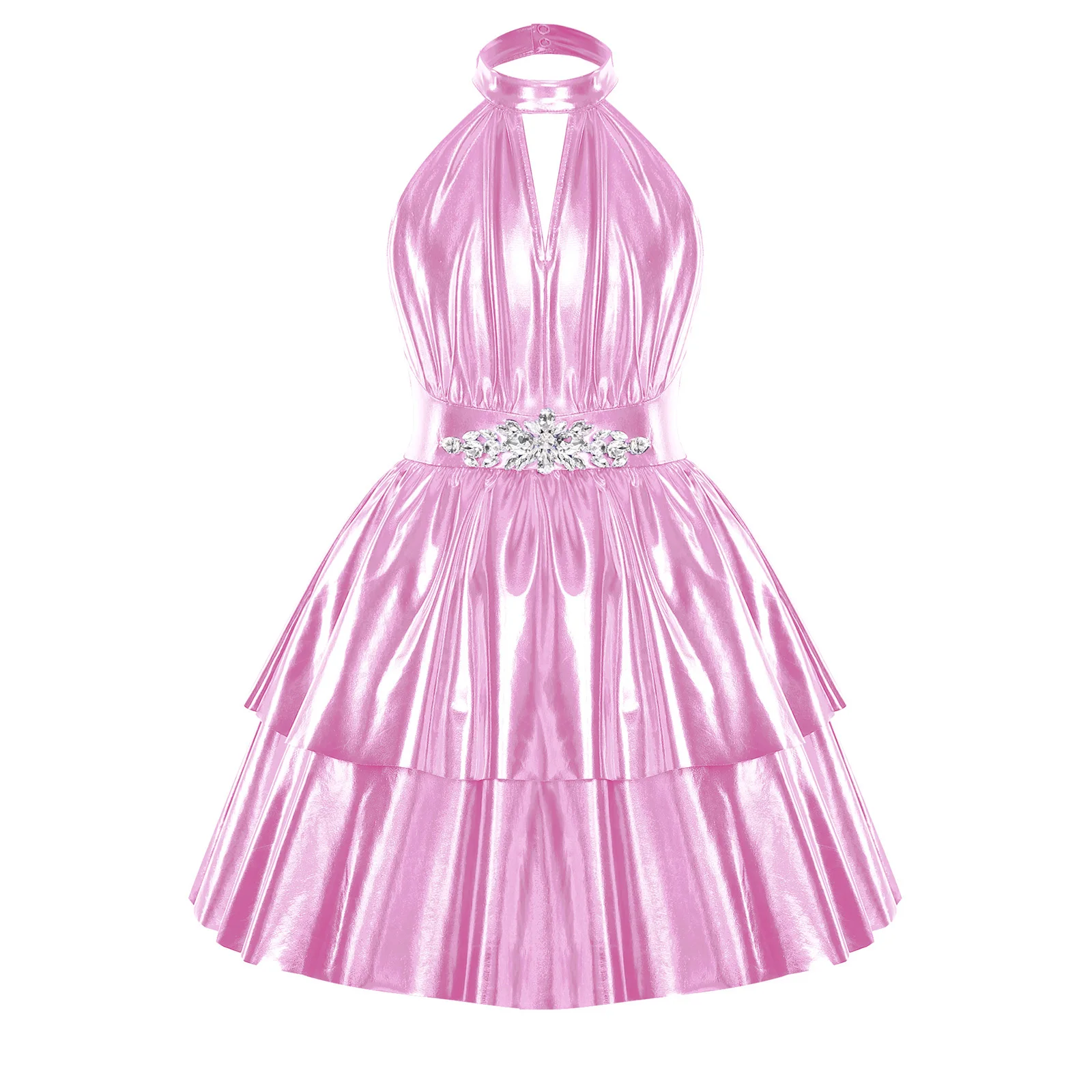 

Элегантное платье для девочек на музыкальный фестиваль, без спинки, с бретелью через шею, для джазовых танцев, вечеринок, металлическое, блестящее, для дискотек, детское платье на день рождения