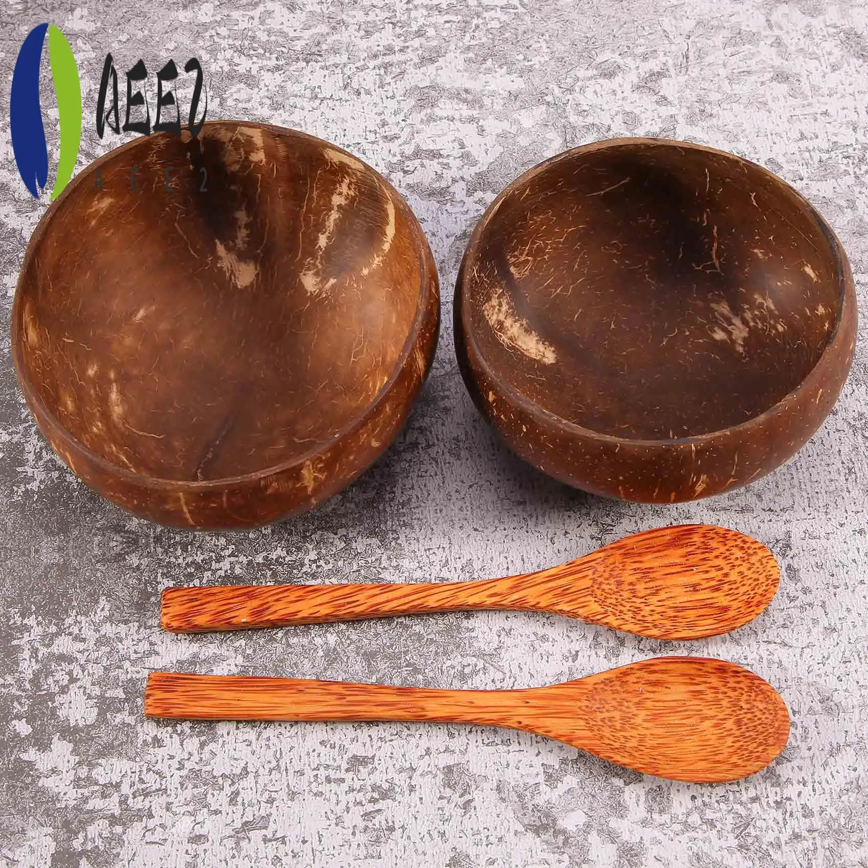 

AEE2-Coconut Bowl Set Handmade Coconut Shell Tableware Wood Spoon Dessert Fruit Salad Mixing Bowl Rice Ramen Bowl 12Pcs