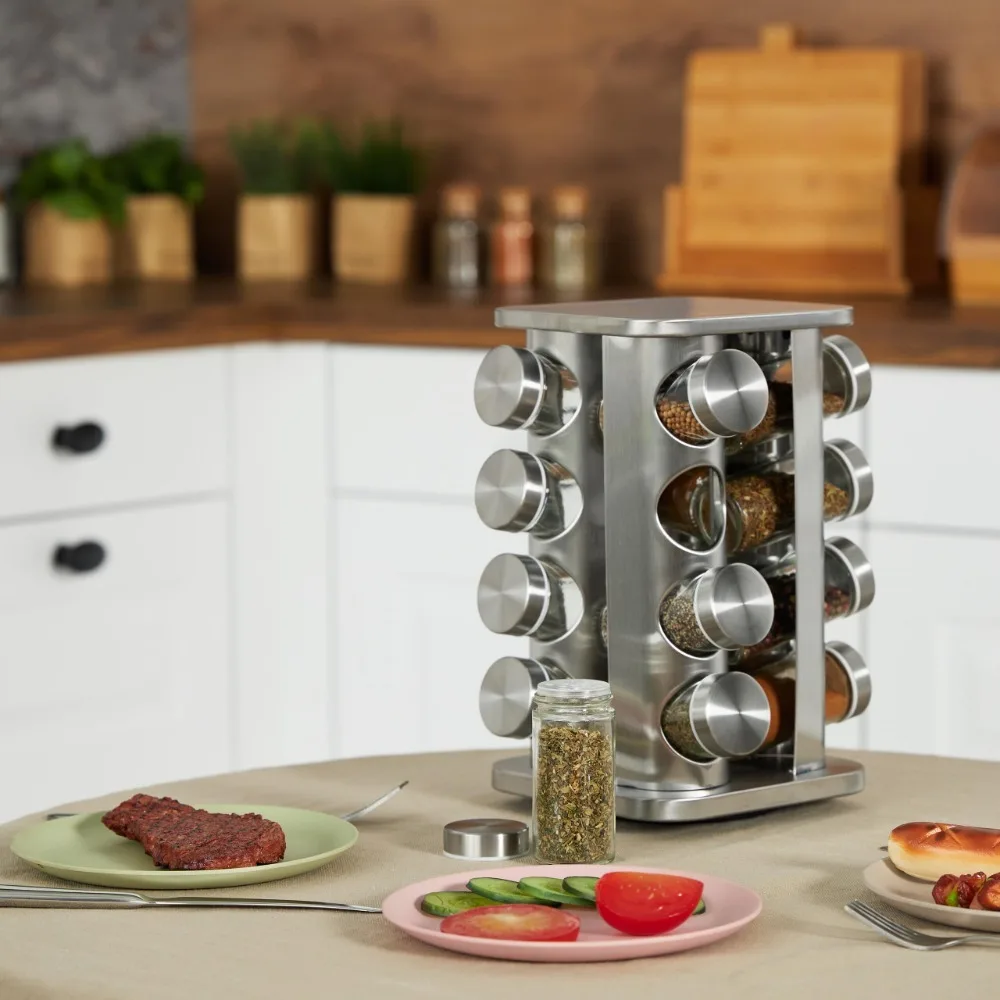 

360° Rotating Spice Rack Stainless Steel Seasoning Vertical Spice Sorting Rack Square Condiment Organizer Salt Sugar Containers