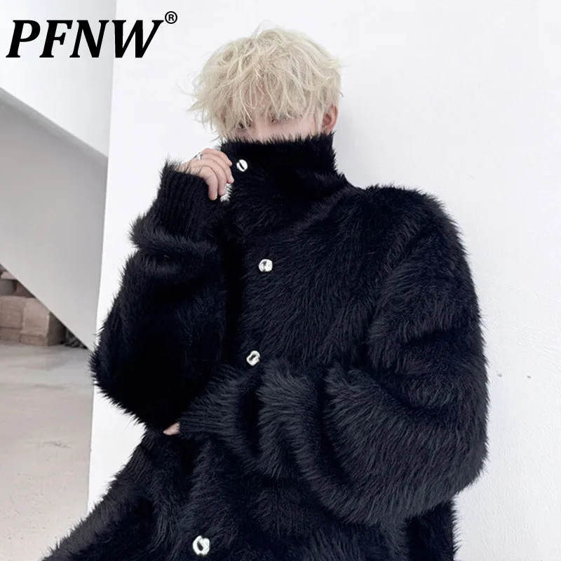 PFNW Autumn Winter New Men's Turtleneck Single Breasted Sweater Loose Fit Causal Black White Cardigan Tops Korean Tide 9C8110