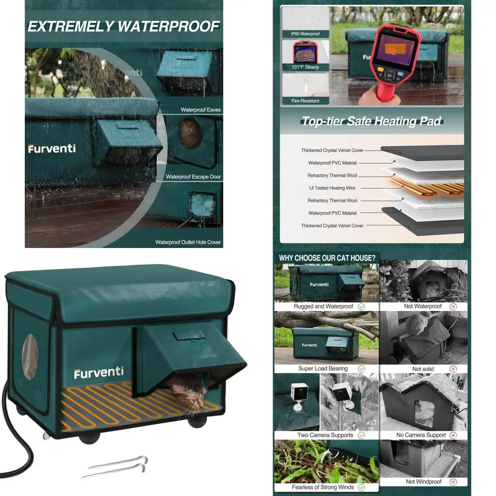 

Winter Insulated Outdoor Cat Shelter, Weatherproof with Waterproof Eaves and Escape Door for Stray Cats (Dark Green, 16.9 x 12.8