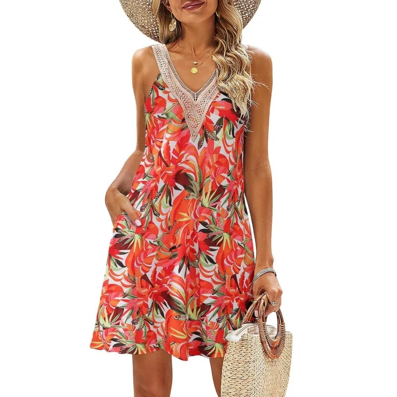 

Women's Summer Beach V-neck Lace Sundress Casual Tropical Print Sleeveless Short Dress Ladies Elegant Vest Holiday Dress