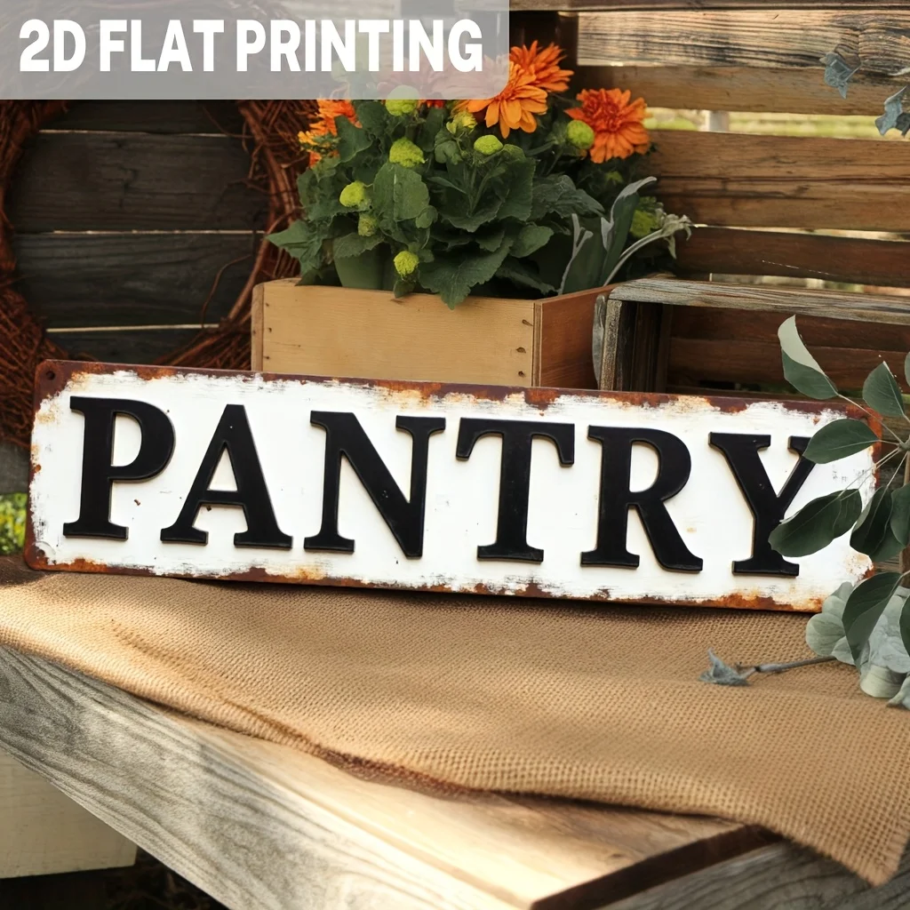 2D Flat, 1pc Vintage Farmhouse Metal Wall Sign - Distressed White with Black Lettering, Rustic Iron Pantry Decoration Suitable