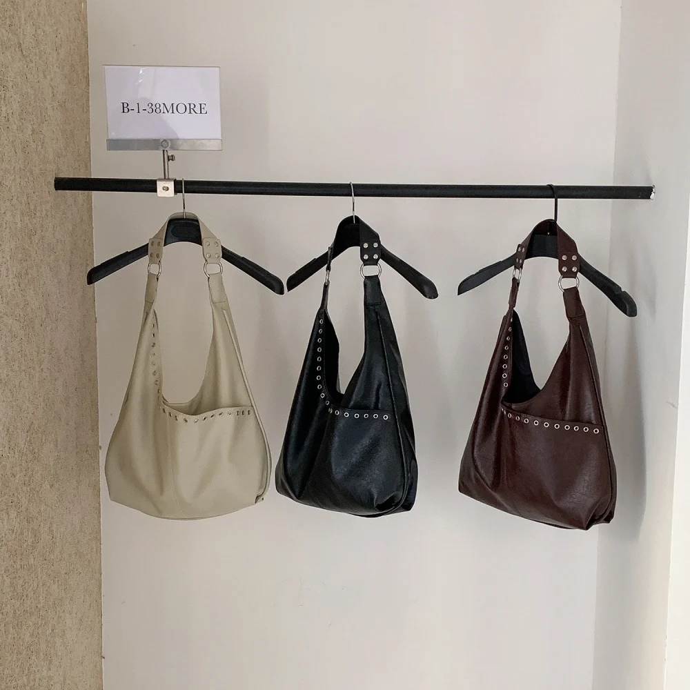 

Мягкая кожаная сумка-шоппер, мягкая сумка-хобо на плечо, сумка-тоут с заклепками, модная женская большая сумка-тоут для школы и работы