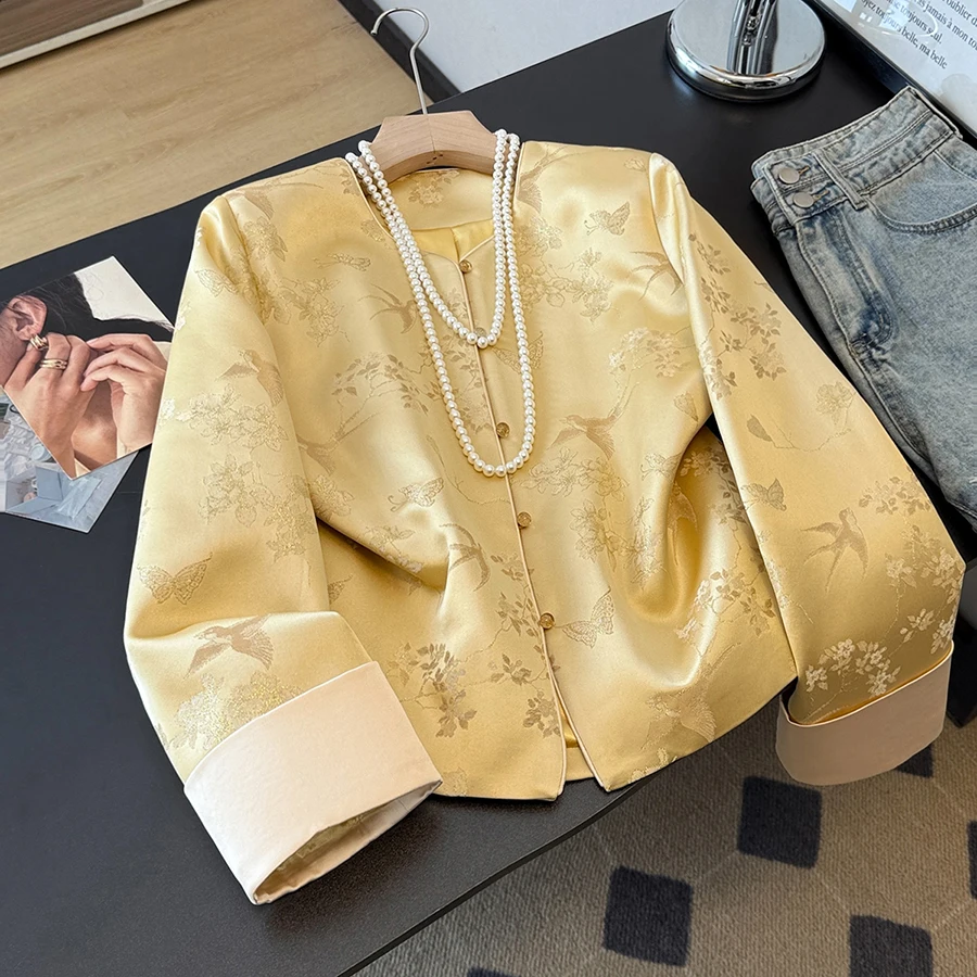 New Chinese Style Long Sleeve Satin Surface Embroidery Retro Revamped National Trend Top Coat Eastern Ancient Charm