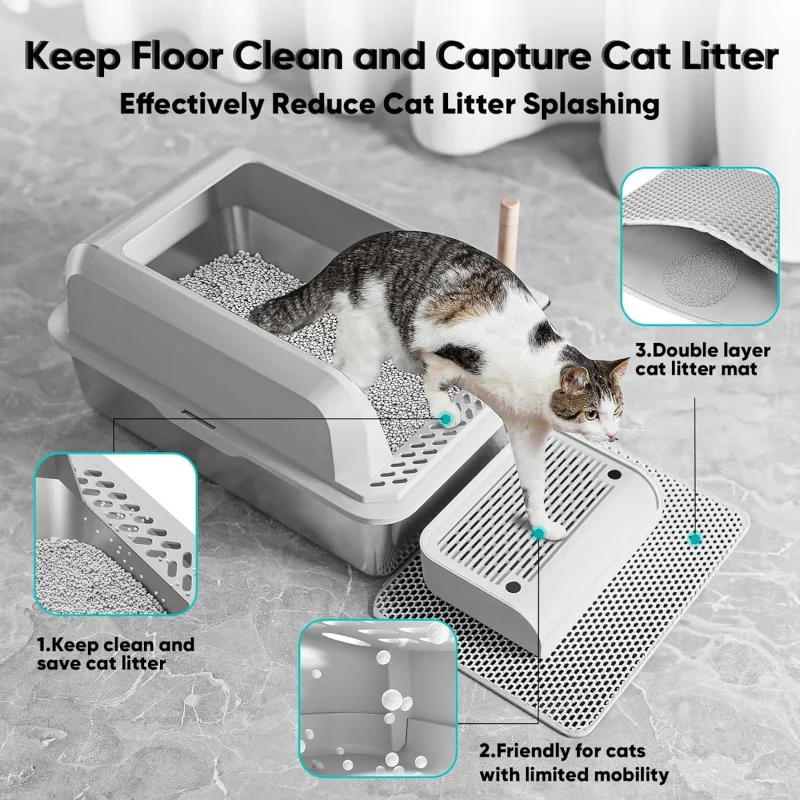 

Stainless Steel Cat Litter Box with Lid XL Large Enclosed Anti Leak Non Stick Easy Clean for Big Cats Includes Scoop Mat