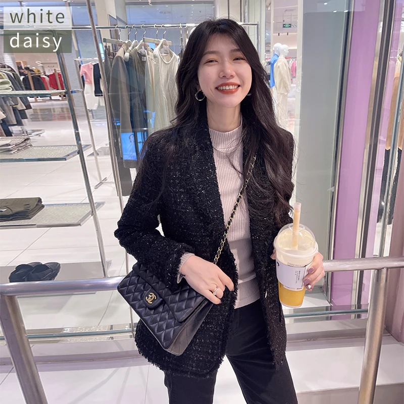 

White Daisy Wool Blend Tweed Midi Length Slim Fit Ele Sle Women's Coat Spring Faion Sweet Sle Cheered Pattern Lon...