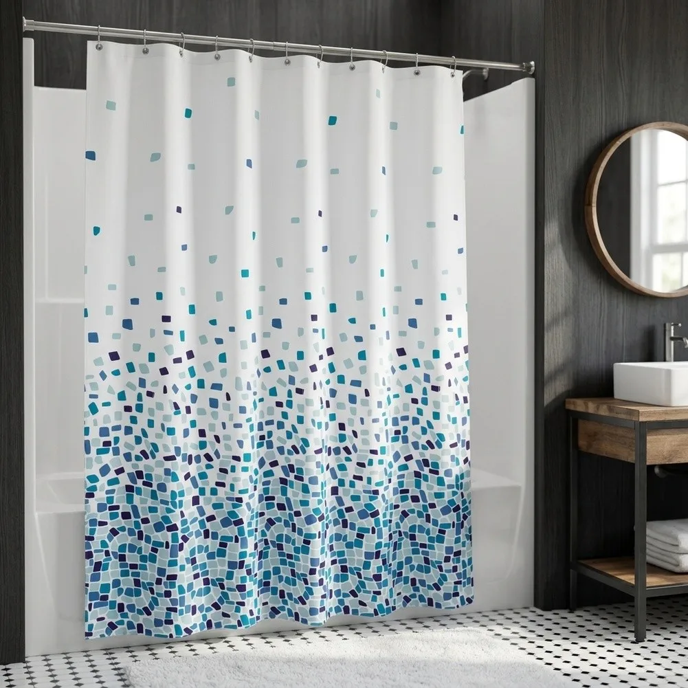 Shower Curtain 180x180cm Blue Gradient Print Polyester Fabric with Water Resistant Coating and Smooth Grommets