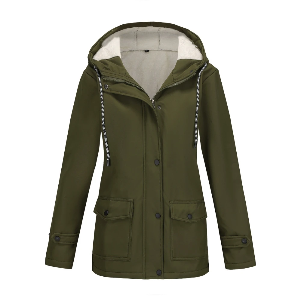 Fleece Lined Hooded Jacket for Women Drawstring Waist Multi Pocket Windproof Thick Warm Outerwear Autumn Winter Wear