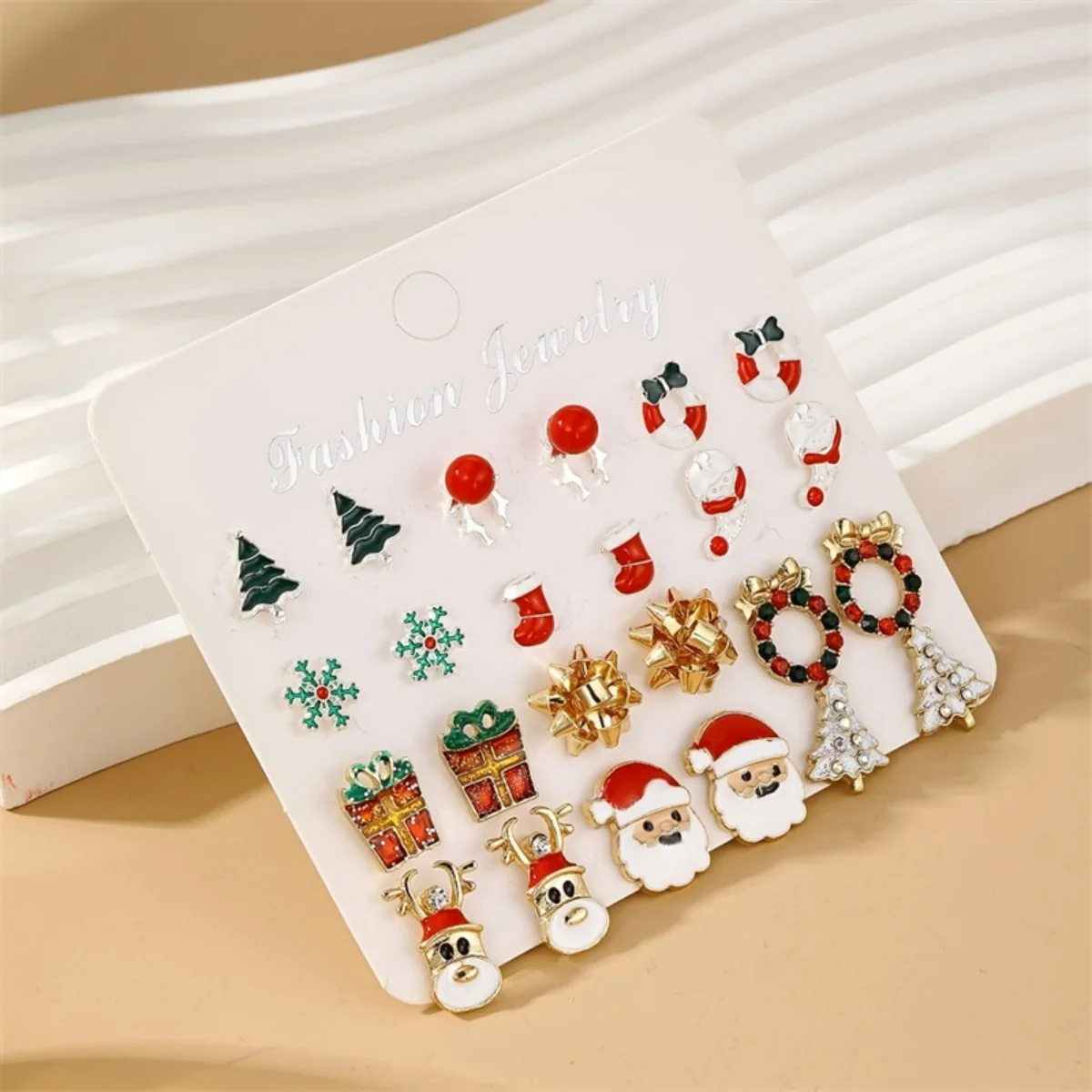 12 Paare/satz Weihnachten Ohrringe Set Santa Claus Schneeflocke Baum Kranz Geschenk Box Deer Bogen Stud Ohrring Für Frauen Männer Schmuck geschenk