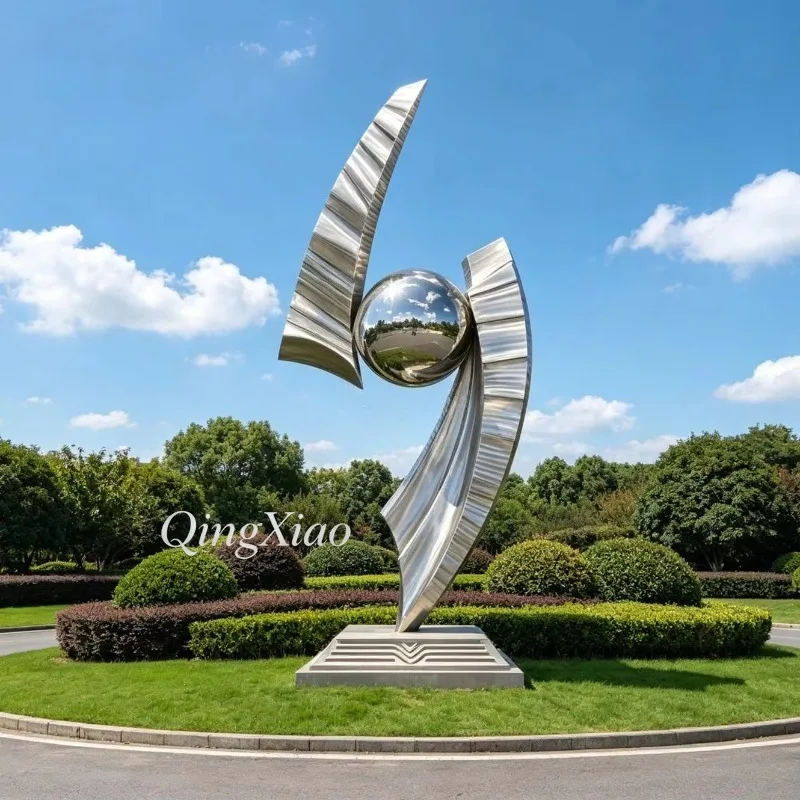 Modern Abstract Double Blade Sphere Mirror Stainless Steel Sculpture Custom Art Statue For Outdoor Park Garden Waterside Decor