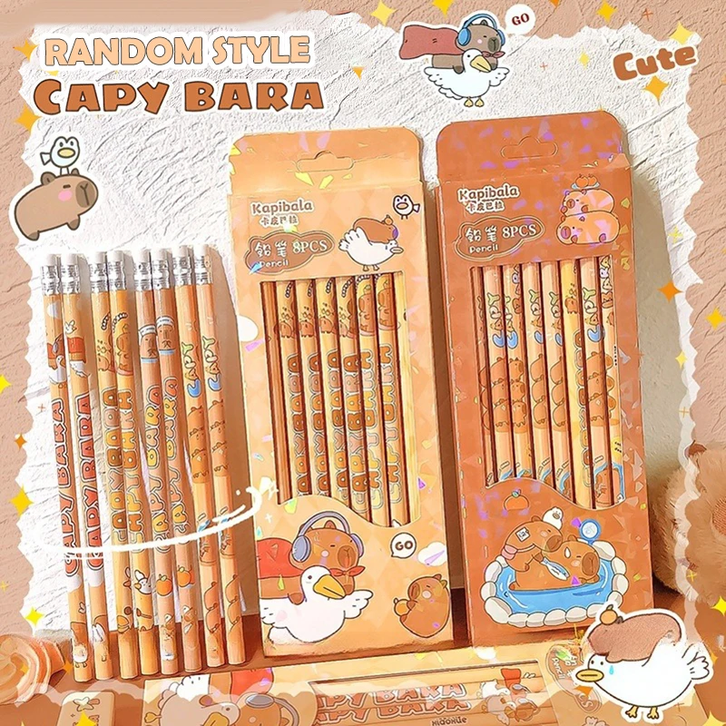 8 unids/caja de lápiz de capibara bonito de dibujos animados Kawaii HB, artículos de dibujo para bocetos, papelería para estudiantes, suministros escolares y de oficina, regalos para niños