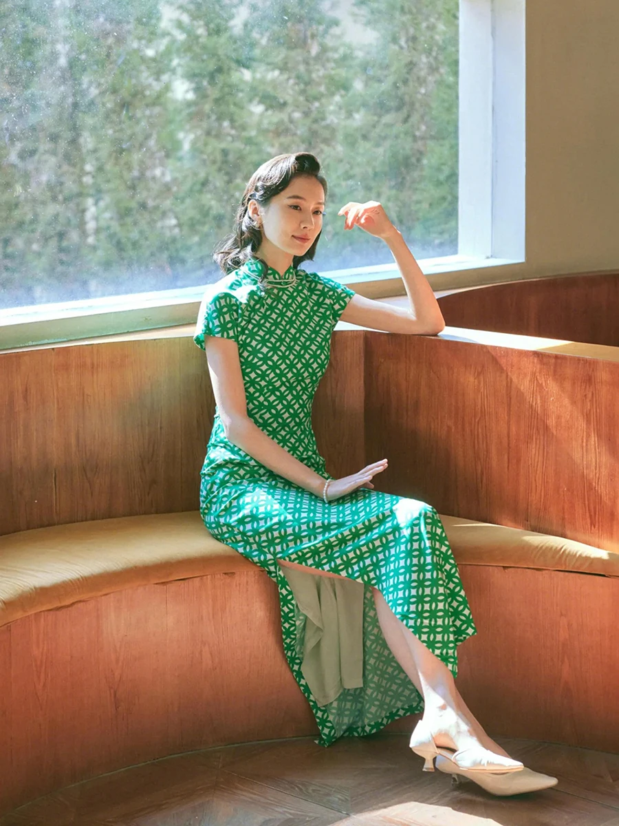 

MJJ Qipao ort Sve Cotton Silk Hong Kong Sle Qipao Low Slit Daily Wear Artistic Retro Qipao Spring Summer Floral Print