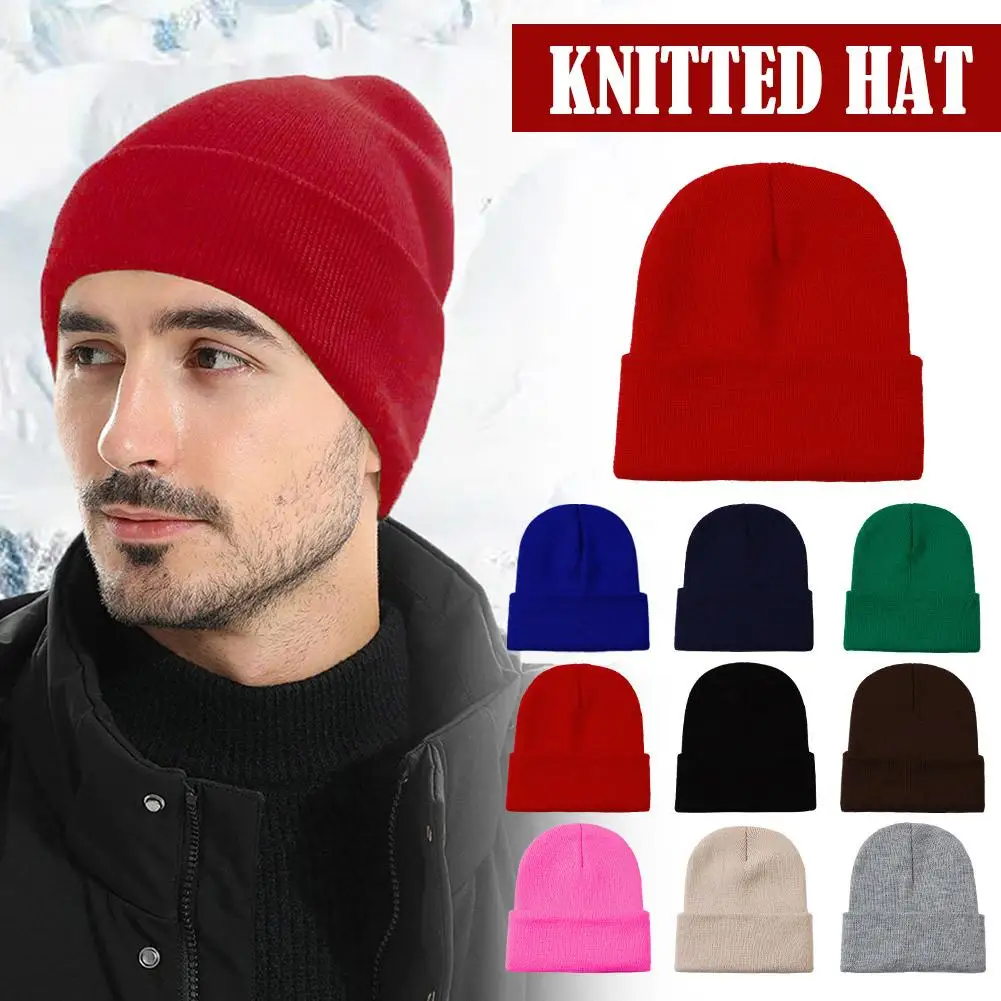 Knitted Hat Men's Autumn Winter Thick Beanie Outdoor Cold-proof Cap Wind-proof Cycling Solid Hoodie Hat Ski Color Warm Fash Q2T2