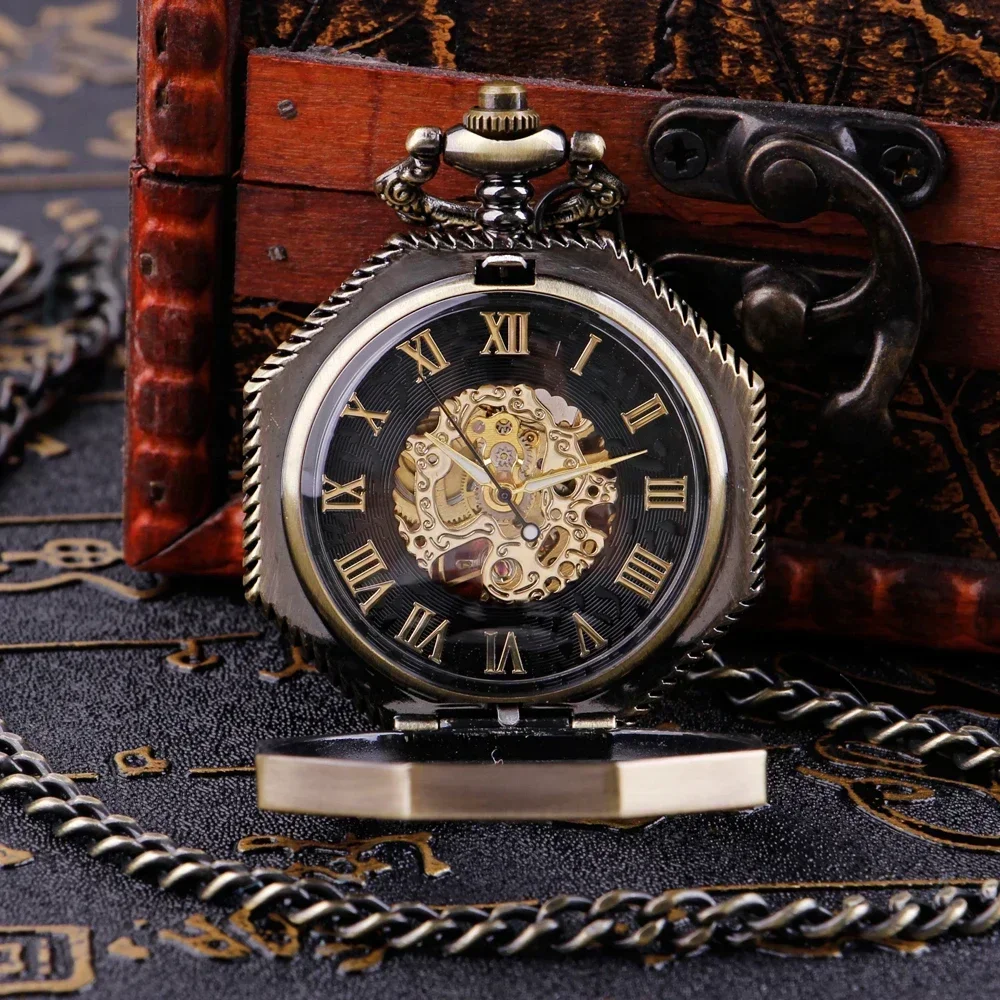 Reloj de bolsillo mecánico Hexagonal clásico Retro, cadena FOB Steampunk, esfera romana, esqueleto, reloj de bolsillo de acero hueco dorado para hombre