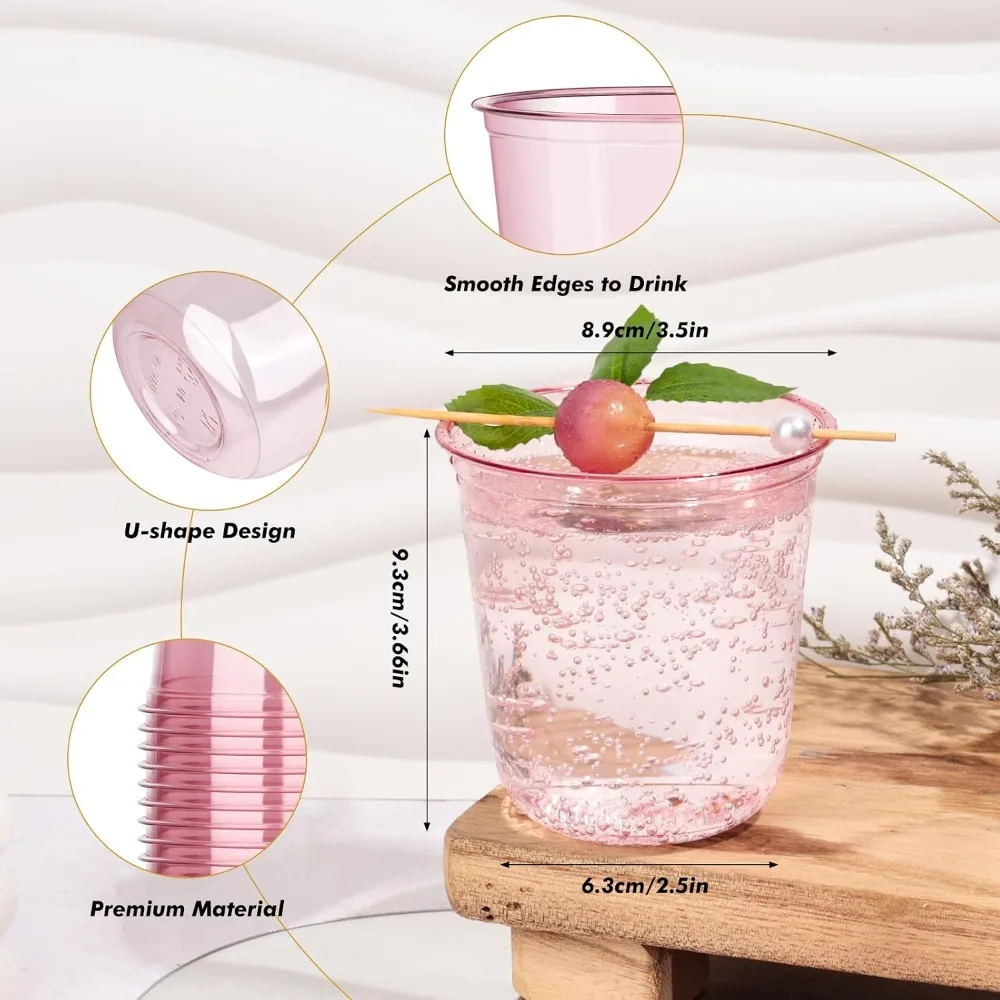 50 Pink Plastic Cups 12oz Disposable Stemless Wine Glasses for Party Cocktail Wedding Valentine's Day