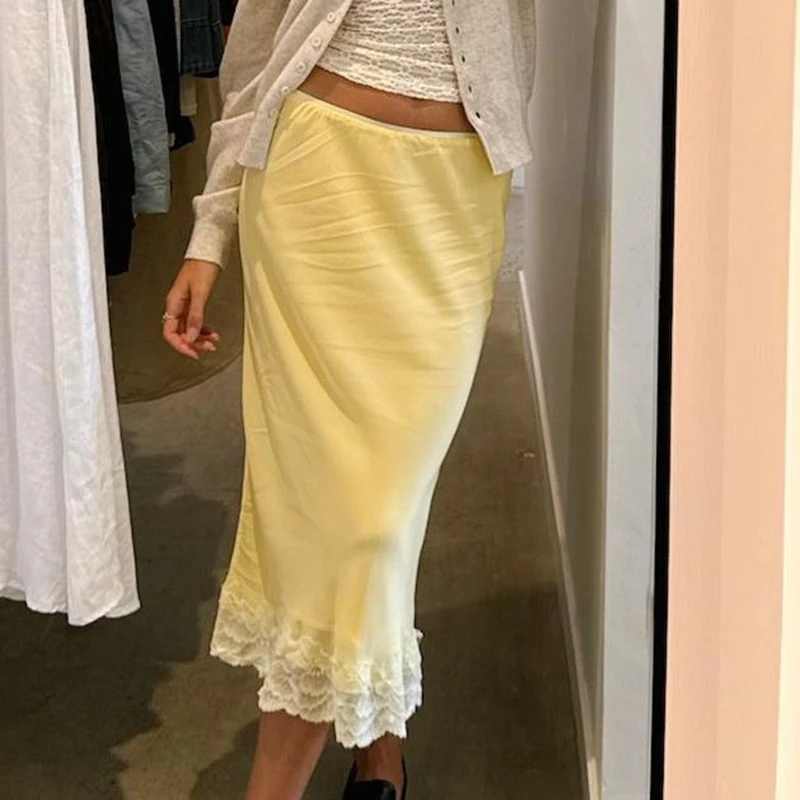 

Women Flowy Silky Long Skirts Vintage Lace Trim Satin A Line Midi Skirt Elegant Lady Half Slip Under Dress Club Party Streetwear