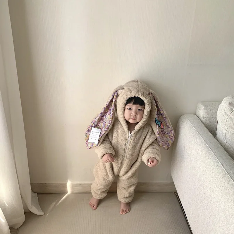 2022 baby winter baby rabbit ears Plush one-piece suit  kids clothing  boys summer clothes  baby girl outfit