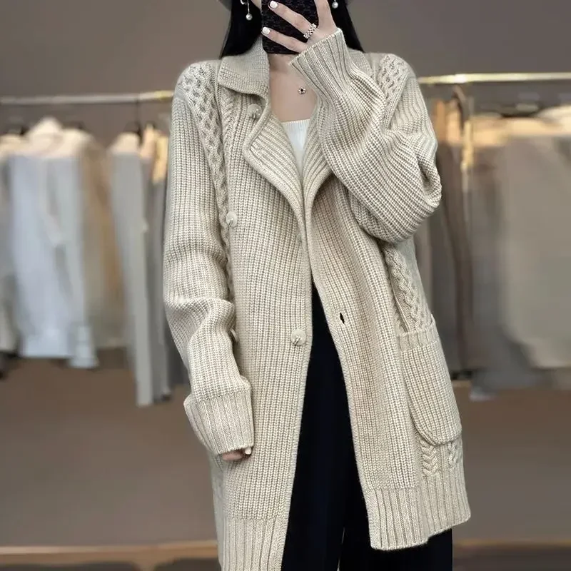 Fashion Sweater Women High Street Loose Button Cardigan Jacquard Weave Tops Autumn Winter Solid Color Tailored Colla Long Sleeve