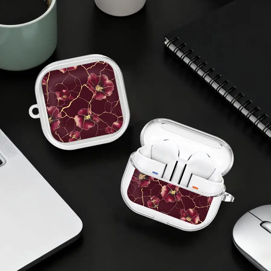 Clear Earphone Cases Cover With Hook Case For Samsung Galaxy Buds 4Pro 4 Pro 3Pro Live 2 2Pro 3 FE Wine Red Marble